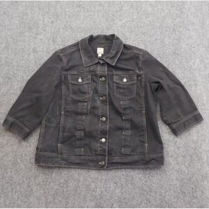 J Jill Denim Jacket Womens 1X Black Stretch Trucker‎ Jean Button Up 3/4 Sleeve